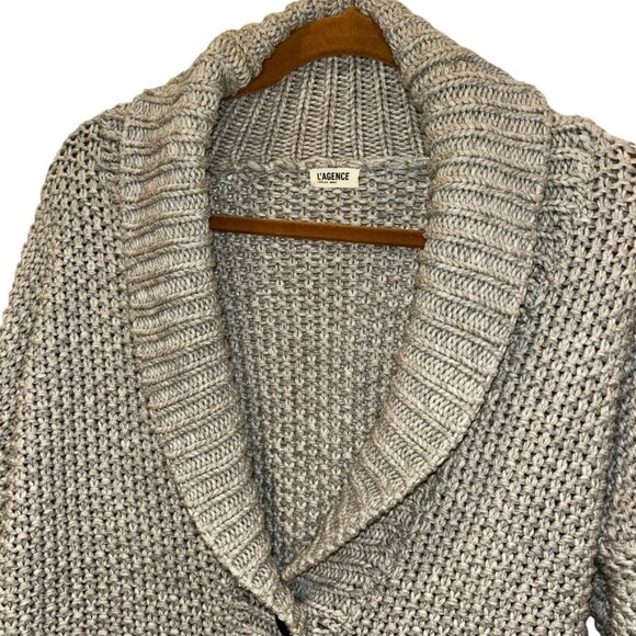 Gray thick cotton cashmere shawl neck cardigan sweater L'Agence M - Picture 3 of 4